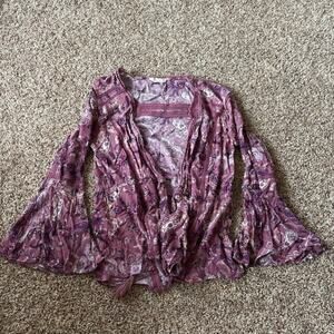 Altar’d State Purple Paisley Bell Sleeve Boho Tie Front Shirt Size Medium